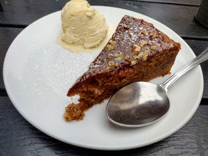 Vegan sticky toffee pudding with vegan ice cream at Robs Ranch House in Killarney