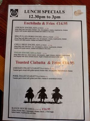 Menu as of August 2024 at Robs Ranch House in Killarney