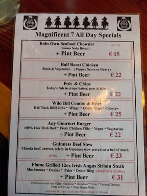 Menu as of August 2024 at Robs Ranch House in Killarney