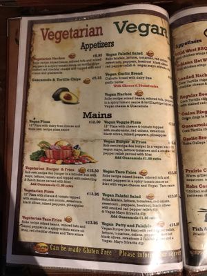 Vegan/vegetarian menu in August 2019 at Robs Ranch House in Killarney