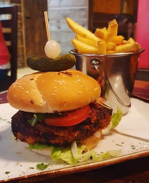 Vegan friendly burger and fries at Robs Ranch House in Killarney