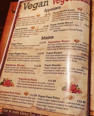 Vegan menu offering  at Robs Ranch House in Killarney