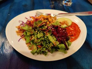 Started salad w curry chickpeas and picked veggies - yas please! at Stashus Con Fusion in Puerto Viejo De Talamanca