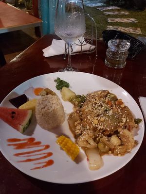 Ginger peanut stir fry with thempe at Stashus Con Fusion in Puerto Viejo De Talamanca