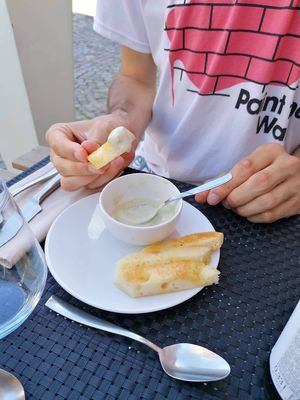 Foccacia with eggplant and wasabi cream dip at Ninfood in Cuneo