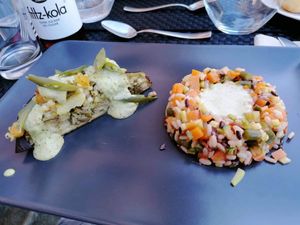 Miso and vegetable salad and stuffed eggplant alla saracene at Ninfood in Cuneo
