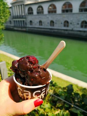 Chocolate raspberry ice cream at Kavarna Cacao in Ljubljana