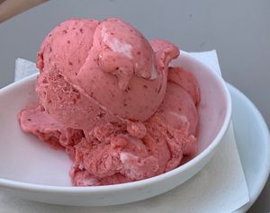 Strawberry ice cream at Kavarna Cacao in Ljubljana