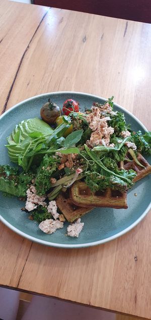 Savoury green waffles at Nancy's of the Valley in Yarra Junction