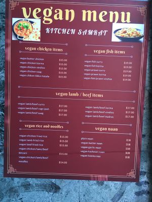 Vegan menu at Kitchen Samrat in Footscray