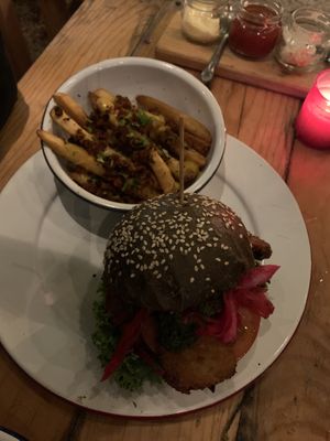 Vegan burger and loaded fries  at Bonita Tulum in Tulum