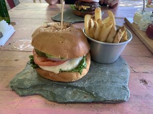 Vegan burger and garlic fries  at Bonita Tulum in Tulum
