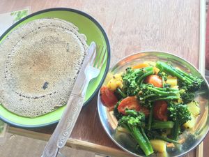 Buckwheat bread and veg curry.  at Pourquoi Pas in Pokhara