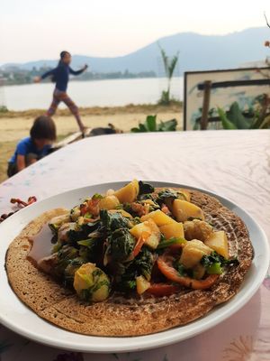 Buckwheat bread and veg curry 150 rupees at Pourquoi Pas in Pokhara