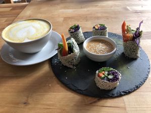 Power roll and golden milk at The Raw Kitchen Malmö in Malmo