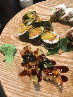 Curry vegetable roll (top) and kakiage nigiri (bottom)    at Hanamura in Modbury