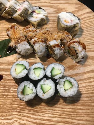Rainbow roll (top), teriyaki tofu roll (middle) and cucumber roll (bottom) at Hanamura in Modbury
