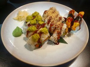 Pumpkin rolls, teryaki tofu rolls and kakiage nigiri at Hanamura in Modbury