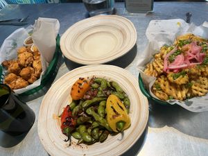Edamame, waffle fries, buffalo cauliflower   at Bang Up To The Elephant in Denver