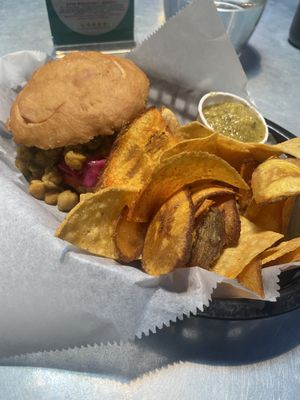 Bake and Chana with plantain and corn chips  at Bang Up To The Elephant in Denver