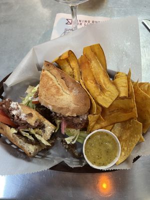 Seitan cubano w/ plantain and corn chips and I believe a papaya salsa.  at Bang Up To The Elephant in Denver