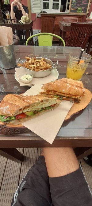sandwich de tofu, zumo y papas fritas. 13 euros at Raiz in Sintra