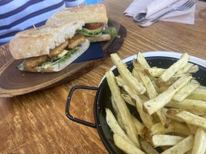 Tempeh sandwich and fries   at Raiz in Sintra