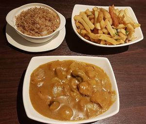Vegan "Chicken" curry, fried rice & salt and pepper chips at G-Wu in Leeds