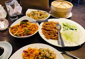 Duckless pancakes - veg fried rice - schezwan bean curd 😋 at G-Wu in Leeds