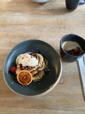 Vegan pancakes and oat flat white   at Wolfox in Hove