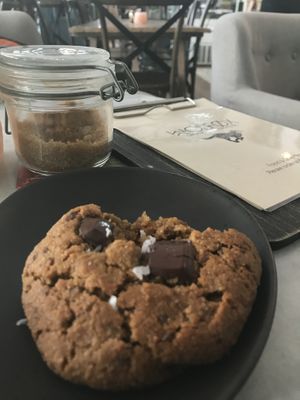 Tahini base coconut and chocolate chip cookie at Wolfox in Hove