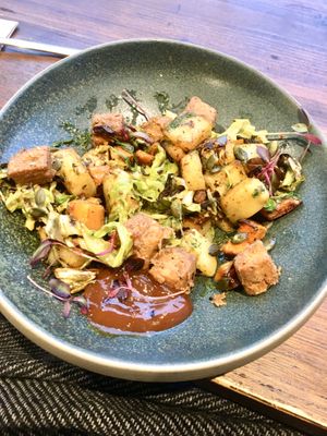 Whoops, started eating before snapping! Sweet potato hash with marinated tofu  at Wolfox in Hove