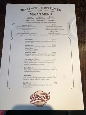 Vegan Menu at Winnies in Queenstown