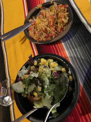 Rice (very spicy and a bit mushy) and salad as sides with nachos  at El Castillo in Valkenburg