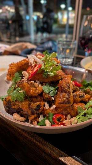 Tempura eggplant with a few cashews for protein. Decent quality but not very filling at Suzie Luck's in Battery Point
