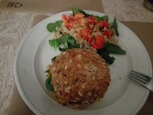 Delicious vegan burger at Kirana Cafe in Peniche