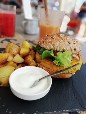 Falafel burger at Kirana Cafe in Peniche