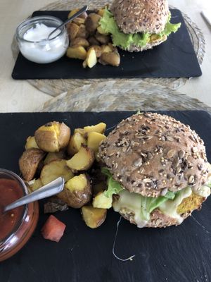 Vegan or Veggie (with cheese) Falafel Burger  at Kirana Cafe in Peniche