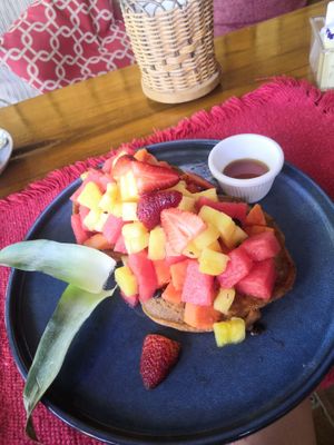 Pancakes with fresh fruit salad at Aroma Coffee Bar in Cahuita