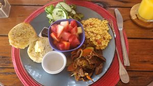 Complete vegan breakfast at Aroma Coffee Bar in Cahuita