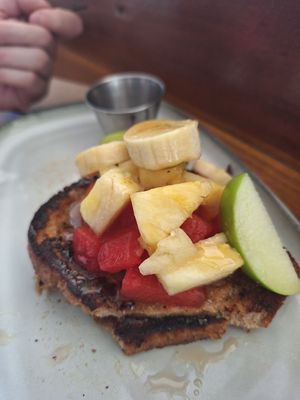 Vegan french toast with fruits at Aroma Coffee Bar in Cahuita