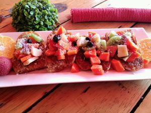 french toast with fruits at Aroma Coffee Bar in Cahuita