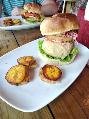 Hawaiin burger (personally wouldn't recommend) at Aroma Coffee Bar in Cahuita