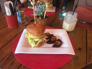 Hawaiian Burger (vegan)  and Gorilla Smoothie (vegan); both excellent!  at Aroma Coffee Bar in Cahuita