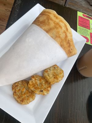 Southwest burrito- vegan and hash browns   at Rachel's Cafe & Creperie in Lancaster