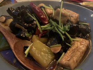 Deep fried tofu stir fries with chilli, garlic, wood eared mushrooms, ginger and VG oyster sauce  at Suyuan in Bristol