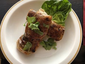 Bean curd roll stuffed with carrot, sprouts and mushrooms (xiang jian fu pi juan) at Suyuan in Bristol
