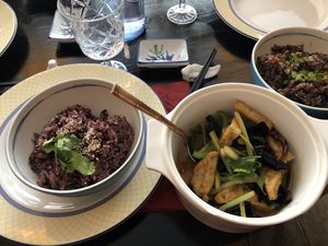 Tofu with peppers, wood ear mushrooms and celery (right), jasmine rice at Suyuan in Bristol
