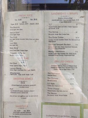 Menu at Jess's Juice Bar in Lambertville