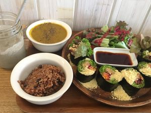 Vege-roll, pulp soup, fermented brown rice  at Trueberry - Omotesando in Tokyo